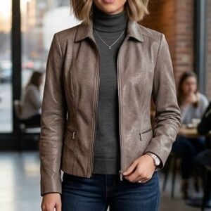 Conrad C Snakeskin Reptile Faux Suede Zip Jacket Taupe Grey Luxury Moto Edgy